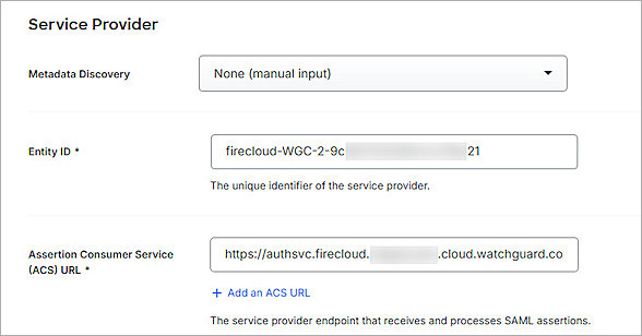 Screenshot of the SSO Service Provider configuration in Duo.